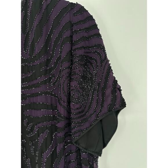 Vintage Bieff Basix Silk Beaded Dress Purple Tiger Stripe Size 2X Formal Wedding - Picture 2 of 7